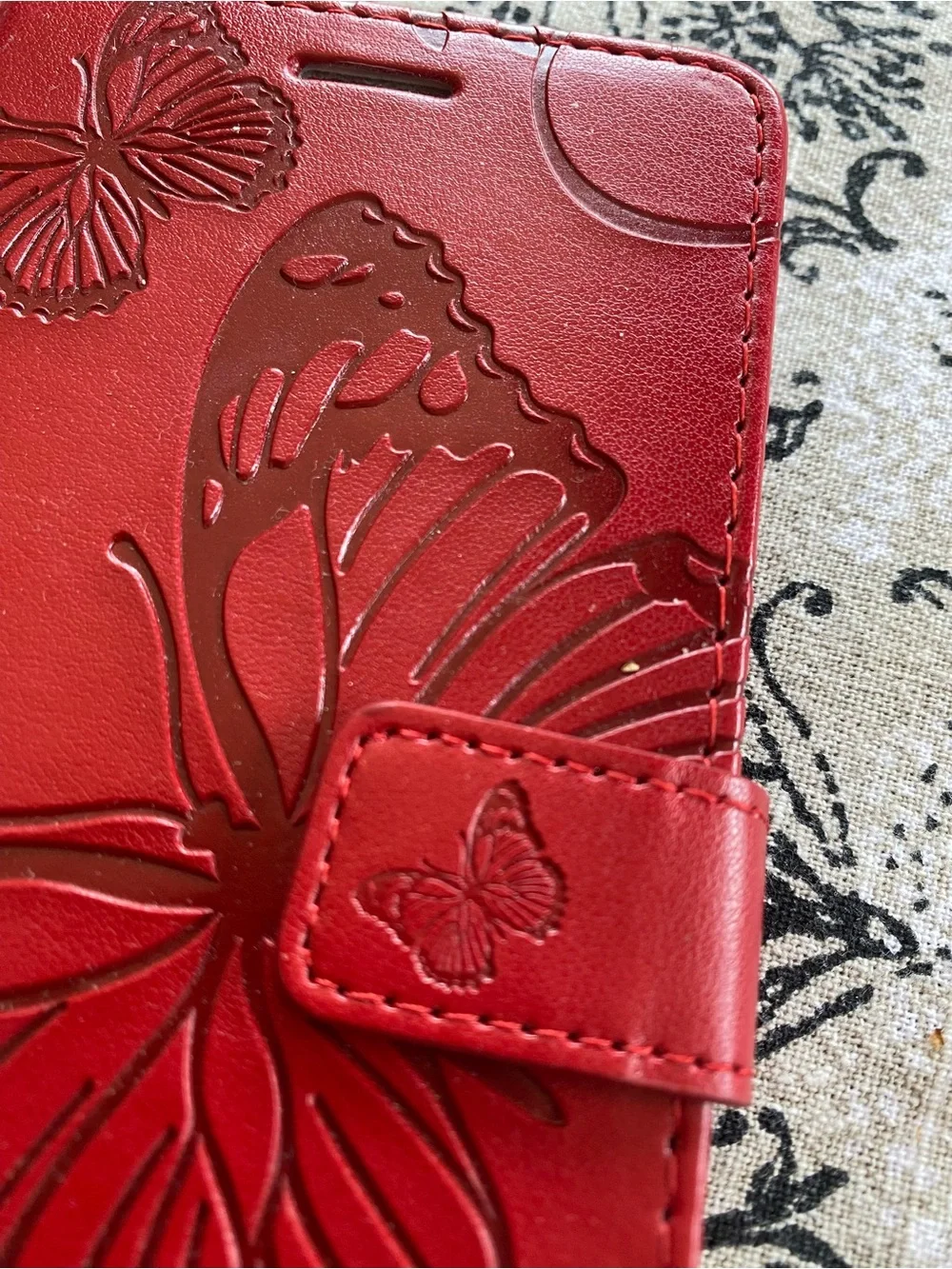 Red Butterfly Leather Embossed Cell Phone Case Cover With Card Holders